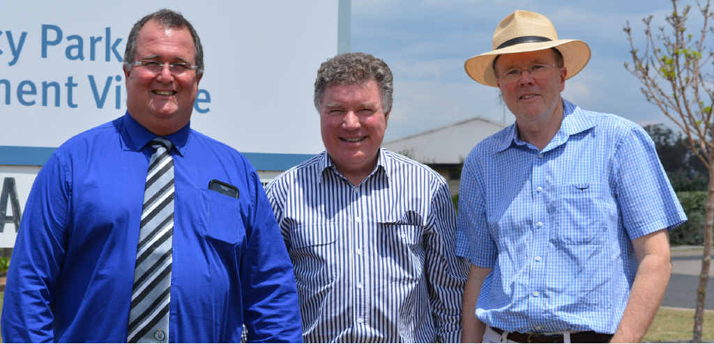 Mayor Peter Blundell, CEO of Churches of Christ in Queensland, Dean Phelan and former owner Marcus Barlow celebrate the change in stewardship for Regency Park Retirement Village. Mayor Peter Blundell, CEO of Churches of Christ in Queensland, Dean Phelan and former owner Marcus Barlow celebrate the change in stewardship for Regency Park Retirement Village.